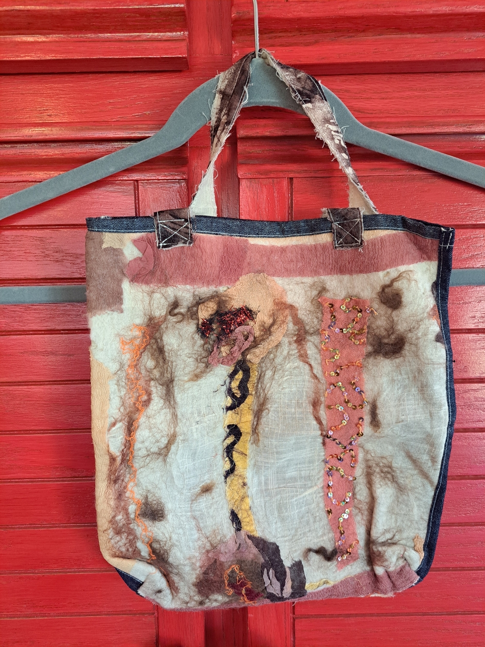 Boho Festival Fabric art Small Tote Dark Brown Textured Fabric Made Australia